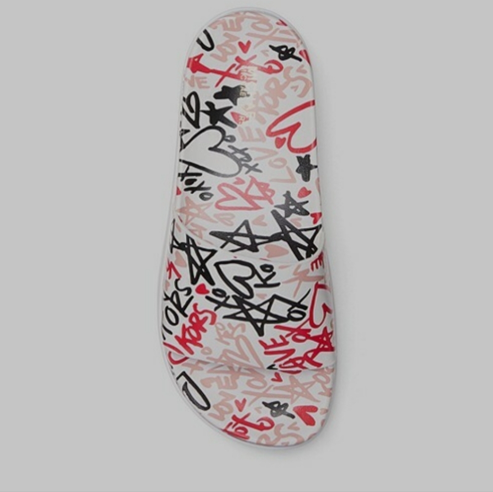 New Michael Kors Tyra Qixi Graffiti Print Optic White Slides Size 9 - Picture 7 of 16